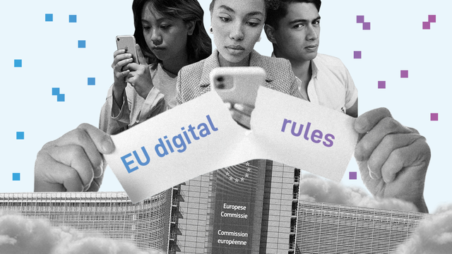Hands symobolising the European Commission are tearing off a sheet, which represent the EU digital rulebook. People are on the background to reflect our communities impacted by these proposals. 