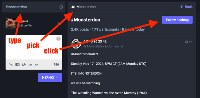 A single-panel how-to on following a hashtag. Search for the hashtag, select the hashtag from the results, click the "Follow hashtag" button. Done.