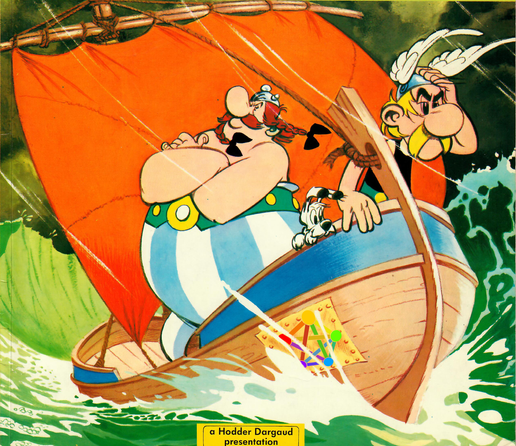 the cover from ASTERIX and the Great Crossing - a small ship is in heavy seas with Asterix peering over the bow, a defiant Obelix with arms crossed, and tiny Dogmatix (a dog) at the side of Asterix.

Here the ship has the fediverse logo on the hull.