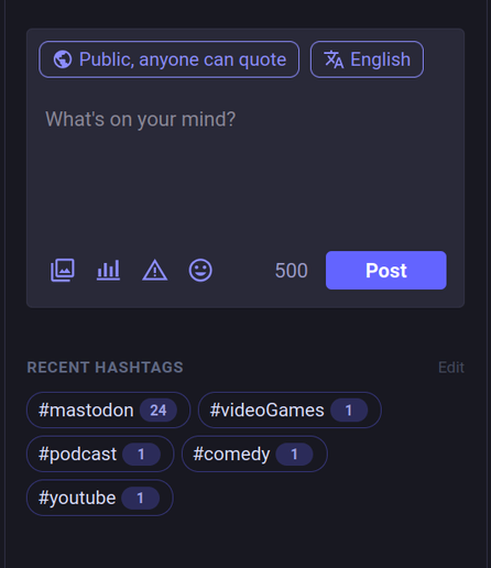 screenshot of advanced most post interface with new UI below it: a list of hashtags with number of times each was used next to each. Clicking one will add it to your post interface.