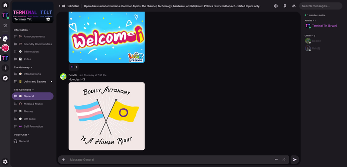 A screenshot of the Terminal Tilt community on Stoat, showing a dark themed chat interface similar to Discord. The sidebar lists various channels. In the "General" chat, a user has posted an image that reads "Bodily autonomy is a human right" with pride flags.