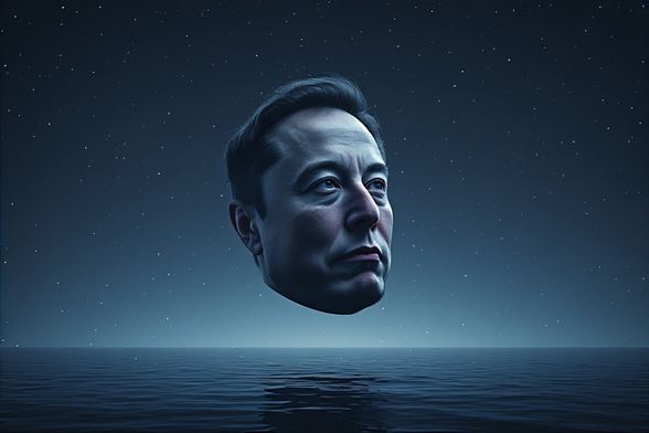 GenAI of a sunless sea with Elon Musk's soul reflecting on his handiwork.