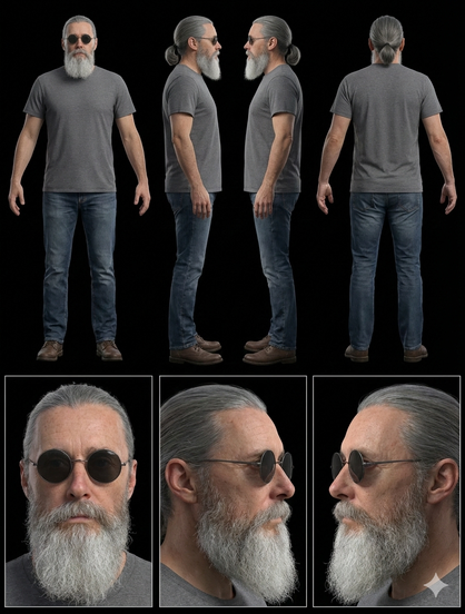 Create a professional photographic character reference sheet based strictly on the uploaded reference image. Use a clean, neutral plain background and present the sheet as a technical model turnaround while matching the exact visual style of the reference (same realism level, rendering approach, texture, color treatment, and overall aesthetic). Arrange the composition into two horizontal rows. Top row: four full-body standing views placed side-by-side in this order: front view, left profile view (facing left), right profile view (facing right), back view. Bottom row: three highly detailed close-up portraits aligned beneath the full-body row in this order: front portrait, left profile portrait (facing left), right profile portrait (facing right). Maintain perfect identity consistency across every panel. Keep the subject in a relaxed A-pose and with consistent scale and alignment between views, accurate anatomy, and clear silhouette; ensure even spacing and clean panel separation, with uniform framing and consistent head height across the full-body lineup and consistent facial scale across the portraits. Lighting should be consistent across all panels (same direction, intensity, and softness), with natural, controlled shadows that preserve detail without dramatic mood shifts. Output a crisp, print-ready reference sheet look, sharp details.