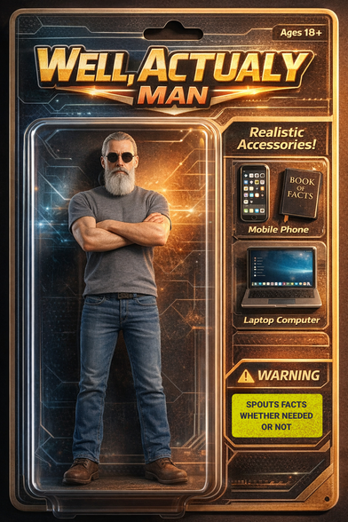 Generate a 3D action-figure-style character based on the image of the protagonist in the picture. The appearance is like a plastic three-dimensional action figure, with the background of the figure packaging paper card and transparent plastic shell. The package has theme text "Well, Actually" on one line and "Man" on the next, together at the top in an action font. The word "Man" is smaller and a different colour. The package also contains "Realistic Accessories" props "Mobile Phone","Book of Facts", and "Laptop Computer". The protagonist is clearly presented in the middle, and the protagonist's expression needs to be serious. He needs to have his arms crossed. It needs to have toy packaging card design elements (such as hooks, cardboard borders), the overall style is severe and modern, the background is high tech, and the illustration texture is combined with 3D. There is a warning sticker that reads "WARNING Contains Facts". There is a label that reads "Ages 18+". Use soft warm light to keep the picture warm, friendly, professional and serious.