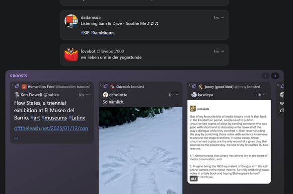 A single vertical timeline. In the lower part are multiple boosted posts, all order horizontally: the boost carousel.