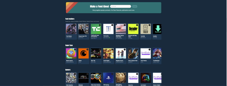 Screenshot of Discover section of Surf on web.