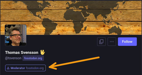 The profile page for tsvenson with an arrow pointing to the badge that shows he is a moderator on Fosstodon.
