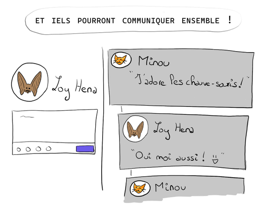 "et iels pourront communiquer ensemble !", sur mastodon, chauve-souris et petit chat se parlent en s'envoyant des messages, Minou dit "j'adore les chauve-souris !" et Loy Hena réponds "Oui moi aussi"