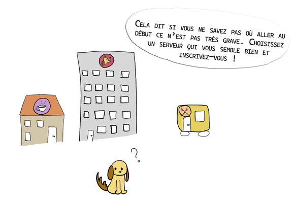 un petit chien a l'air perdu et hésite où habiter entre la maison café, l'immeuble mastodon rouge, et la caravane ciseaux, avec écrit "cela dit si vous ne savez pas où aller au début ce n'est pas très grave. Choisissez un serveur qui vous semble bien et inscrivez-vous !"
