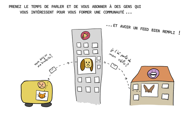 "prenez le temps de parler et de vous abonner à des gens qui vous intéressent pour vous former une communauté...", "...et avoir un feed bien rempli !" trois animaux discutent ensemble, un petit chat dans la caravane ciseau dit "vous avez vu ma broderie ?", et le petit chien dans l'immeuble mastodon dit "je t'ai parlé de mon vélo ?" à la chauve-souris dans la maison café