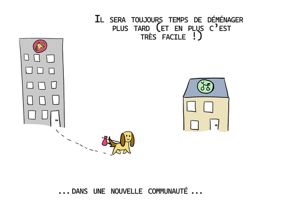 Petit chien déménage de l'immeuble mastodon rouge, vers la maison vélo, "il sera toujours temps de déménager plus tard (et en plus c'est très facile !)", "dans une nouvelle communauté..."
