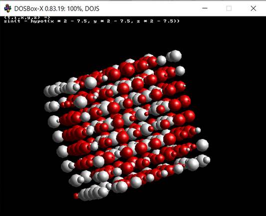 a 3d graphics in a DOSbox window. it is a cube consisting of red and white spheres of different sizes