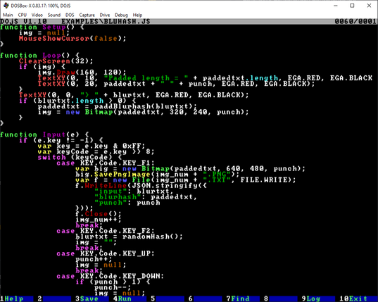 javascript code in a text terminal of DOSBox