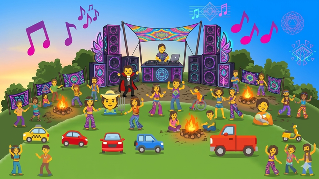 Une scène de fête psychédélique sur une colline avec un DJ, des sound systems massifs, des gens qui dansent autour de feux de joie et un vampire. L'ambiance parfaite pour le 30 avril. 