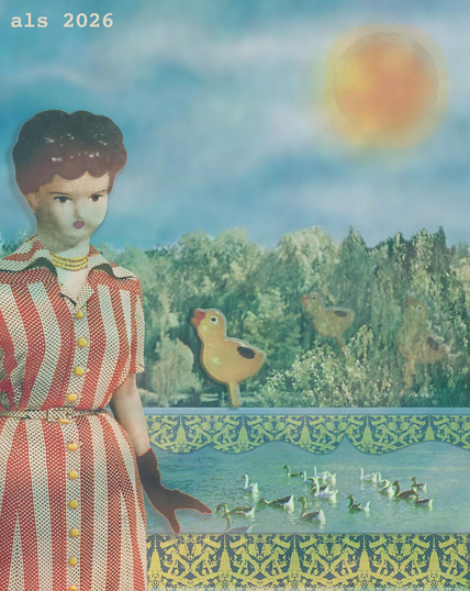 A tall rectangular landscape of an overcast blue sky with a big sun behind the clouds. There's a clip of hills and trees (woodlands), and strips arranged horizontally to make a lake with swimming ducks in the distance and an ornate yellow and black border. A woman in a matronly striped orange 1950s dress and a brown glove has her head replaced with that of a 19th Century china doll. She has brown curls and regards the viewer in 3/4 view. Behind her, from those dense green woodlands in the distance, three giant yellow plastic toy birds look up at the sky.