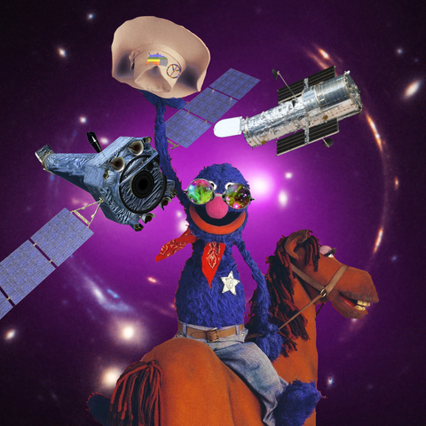 grobi wears a new hat with an US-shaped Pride flag embroidery and a peace sign, as well as new "John Lennon" sunglasses reflecting a well-known Planetary Nebula .. He rides the wrong way around on a laughing horse through space, accompanied by Hubble and Chandra, in the background you can see Gravity's Grin or flippantly called the Cheshire Cat galaxy group. grobi looks kind of stoned, but swears stone and bone that he has not ingested any external toxic materials. Instead, he mumbles something about Dark Matter and the distortion of the time-space continuum and that he now has more foresight.. 

.. and on top of all this, does he invite us on a journey through space and time???

Honestly, he had the wrong mushrooms in his lunch soup, didn't he?
