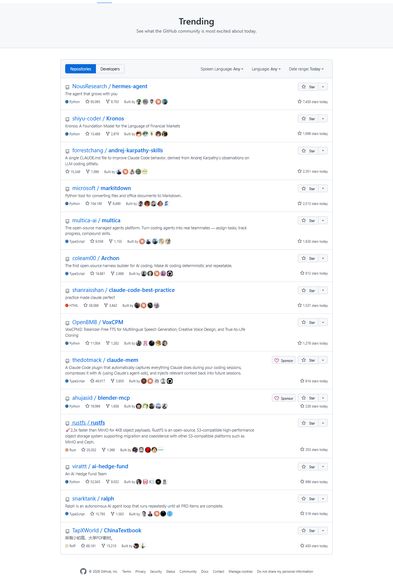 github trending

1. https://github.com/NousResearch/hermes-agent

2. https://github.com/shiyu-coder/Kronos

3. https://github.com/forrestchang/andrej-karpathy-skills

4. https://github.com/microsoft/markitdown

5. https://github.com/microsoft/markitdown

6. https://github.com/multica-ai/multica

7. https://github.com/coleam00/Archon

8. https://github.com/shanraisshan/claude-code-best-practice

9. https://github.com/OpenBMB/VoxCPM

10. https://github.com/thedotmack/claude-mem

11. https://github.com/ahujasid/blender-mcp

12. https://github.com/rustfs/rustfs

13. https://github.com/virattt/ai-hedge-fund

14. https://github.com/snarktank/ralph

15. https://github.com/TapXWorld/ChinaTextbook
