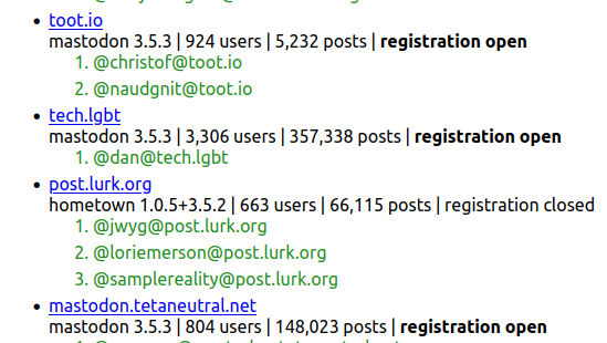 toot.io
mastodon 3.5.3 | 924 users | 5,232 posts | registration open

    @christof@toot.io
    @naudgnit@toot.io

tech.lgbt
mastodon 3.5.3 | 3,306 users | 357,338 posts | registration open

    @dan@tech.lgbt

post.lurk.org
hometown 1.0.5+3.5.2 | 663 users | 66,115 posts | registration closed

    @jwyg@post.lurk.org
    @loriemerson@post.lurk.org
    @samplereality@post.lurk.org

mastodon.tetaneutral.net
mastodon 3.5.3 | 804 users | 148,023 posts | registration open