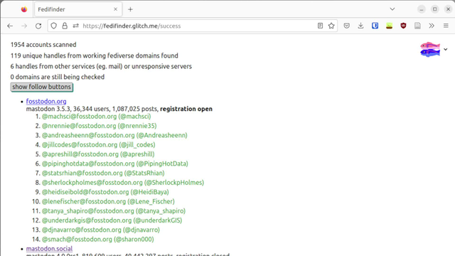 Video showing a screencast of a browser. Its the results page of fedifinder. There is a button "show follow buttons". A mouse pointer clicks it and below every entry several blue buttons appear. On each of them stands follow from and the different usernames of the logged in user luca hammer. He clicks on a button and is forwarded to his instance from where he follows the selected account with a single click. He closes the tab and clicks the follow button of another account. Again a new tab opens with his instance. This time there is no follow button, but the info, that he already follows that account.