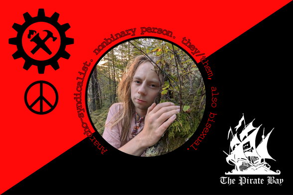 Circular portrait of a nonbinary person with long light hair standing in a forest, gently holding a mossy tree branch and looking at the camera. The portrait is set against a red-and-black anarchist flag background with a gear-and-tools symbol and a peace sign on the left, and a pirate ship logo on the right. Text around the portrait reads: “Anarcho-syndicalist. nonbinary person. they/them. also bisexual.