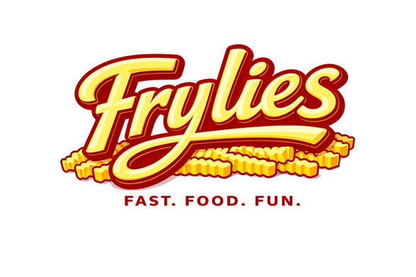 A logo for the fictional Frylies fast food chain in the short story. It features a buttery-yellow, "Frylies" name in swirly letters, outlined in ketchup-y red. The word mark sits on a bed of crinkle cut fries. Beneath both of those is the slogan in red that says, "FAST. FOOD. FUN."