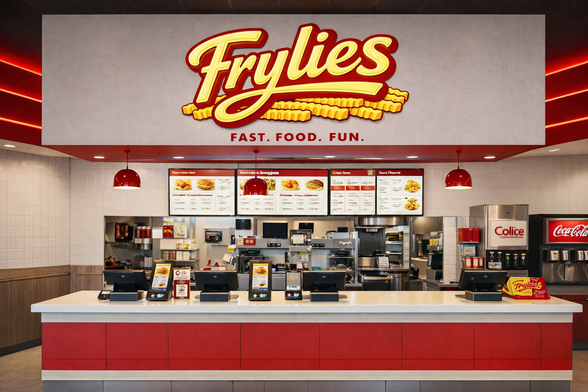 The interior counter of the Frylies restaurant. The Frylies logo, in buttery yellow swirly letters is outlined in red on a bed of crinkle cut fries. It is over the logo, "Fast. Food. Fun." The counter top is gray and red. Behind the counter are several monitors showing the various menu options. Beyond that, is a kitchen with several metallic gray appliances. Off to the right, we can see the image is AI generated - instead of a Diet Coke machine, the letters say "Colice". 