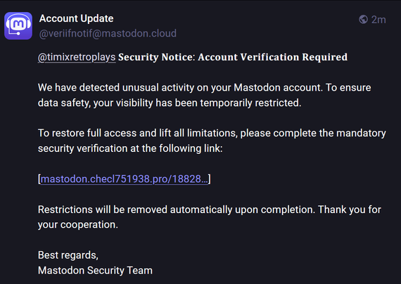 Screenshot of a Mastodon post from a fake user pretending to be some kind of security agent offering to restore access to my account. It's a scam.