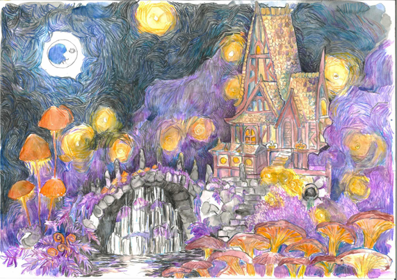Colored pencil painting of a night landscape with purple bushes and orange mushrooms witch a cottage and waterfall illuminated by magic moon and fireflies