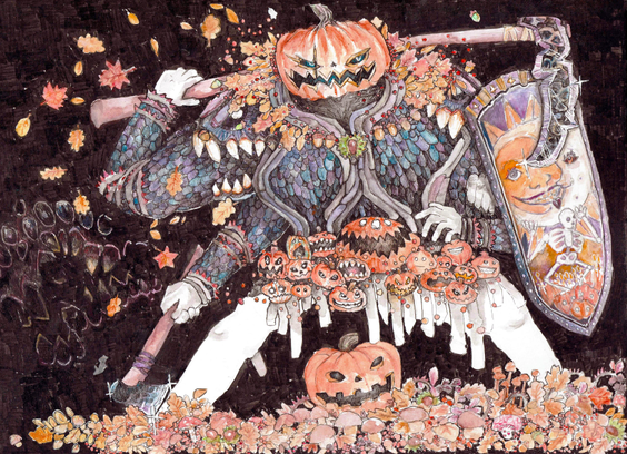 watercolour painting of pumpking knight with full purple and blue armour with all autumn leaves ornaments big pumpkin head a scythe and an axe as weapons standing in a cornucopia autumn leave mushrooms and berries and big demon in background