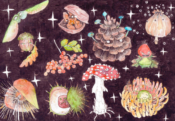 watercolor painting of various all critters on black background