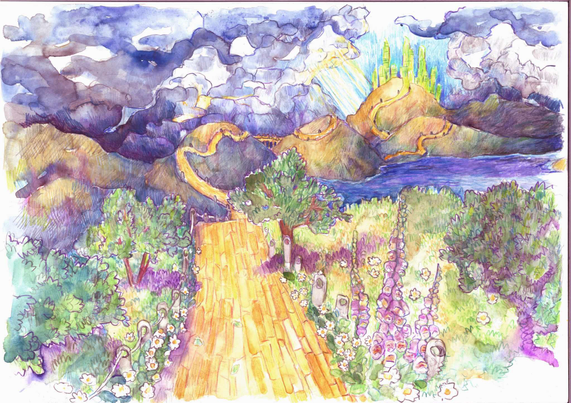Colored pencil painting with landscape yellow brick road an olives and purple flowers. Emerald city is in background 