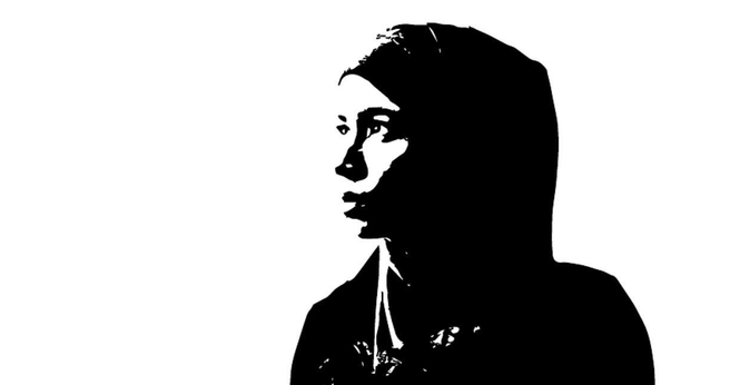 Schwarz weiß Stencil einer Frau im Profil.