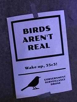 ein Papier an eine Wand geklebt. Darauf zu sehen ist oben eine schwarze Umrandung. in dem Kasten steht. Birdś aren´t real!

Darunter steht Wake up, 35c3!
schwarz unterstrichen.

Ganz unten ein schwarzer Vogel. Daneben steht "Gouverment Surveillance Drone"