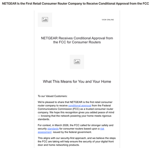 An email from NETGEAR explaining that the FCC (Federal Communications Commission) has listed NETGEAR as a trusted consumer router company.