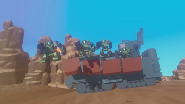 Mechas speeding through the desert using their wheels