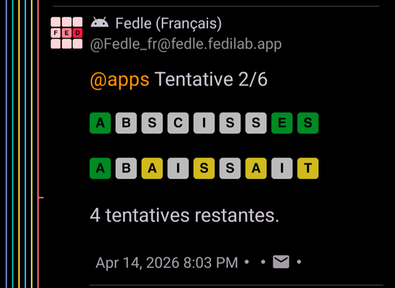 Screenshot of a Fedle game in progress on Mastodon. The french bot @Fedle_fr displays attempt 2 of 6 with colored letter tiles: green for correct position, yellow for misplaced, and gray for absent. Two guesses are shown: ABSCISSES and ABAISSAIT. 4 attempts remaining.