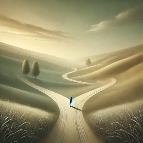 A digital depiction of a person confronting two different paths, abstractly symbolizing a choice: in this case, mainstream social media or a healthier connection through Mastodon.