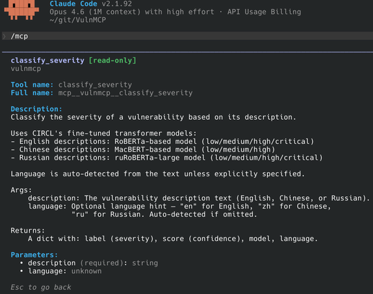 Screenshot of a Claude Code session using the MCP VulnMCP for classifying the severity of vulnerabilities.