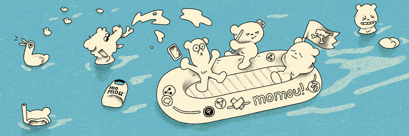 Eine Aare-Böötli-Szenerie: auf einem Schlauchboot sind drei Bärli unterwegs. Eines schläft, eines rudert und eines verliert erschreckt sein Handy. In der Aare schwimmend, prustet nämlich ein Mastodon eine Fontäne Richtung Boot. Ausserdem unterwegs sind eine Ente mit vier jungen, ein schnorchelndes Bärchen und ein Bärli, das grinsend den Po eines tauchenden Bärlis begutachtet. Weitere Details: ein momou-Schwimmsack. Und das Schlauchboot ist ausgestattet mit Stickern: Social Media und Fediverse, Dachstock, queerfeministisches Iocn und einem YB-Kleber. Eine Art Mastodon-Piraterei-Fahne ist gehisst.

Die Illustration ist handgezeichnet – schwarze Striche auf gelblichen Flächen mit hellblauem Hintergrund. 