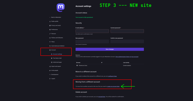 Screenshot shows step 3 on the New Site. You want to select "account" and "account settings".  You will see a part that reads "Moving from a different account. To move from another account to this one, first you need to create an account alias."  The end of that sentence is the URL you want to click on.
