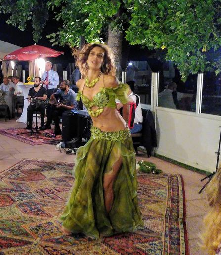 Die Tänzerin (Bauchtanz, Orientalischer Tanz) Bambi Sahab tanzt auf einem orientalischen Teppich zu Live Musik Begleitung durch einen Perkussionisten an der Tabla, sowie einen Oud- und einen Accordeonspieler. Der Auftritt fand im Freien statt, Tänzerin und Musiker sind unter einem Baum zu sehen, dessen Blätter die gleiche Farbe haben, wie Bambus Kostüm.