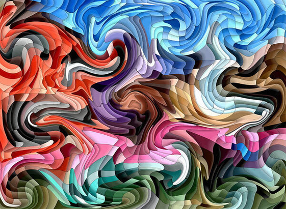 A colorful abstract patchwork "quilt" of warped tiles in many shades of the color spectrum all swirled loosely into a flowing scene that comes close to blending and melting together yet somehow each fluid color block retains it's individuality. There are dual qualities of chaos and serenity in the wavy flowing patterns and warm and cool colors side by side.