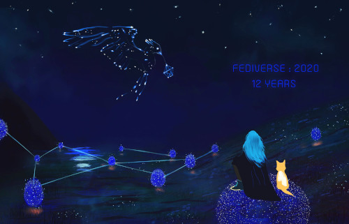 Illustration with constellation of stars forming a Phoenix, and glittering "eggs"-servers interconnected