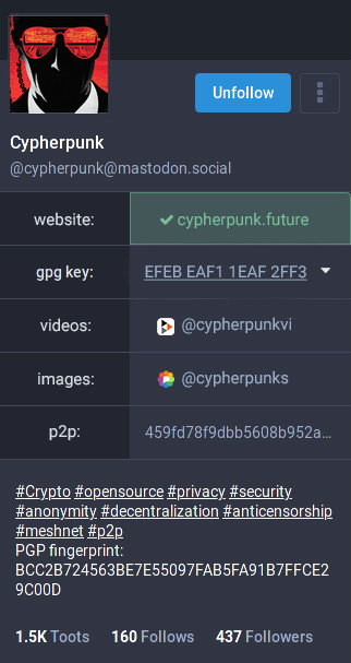 Screenshot of Mastodon profile with a special line for public key that expands on click