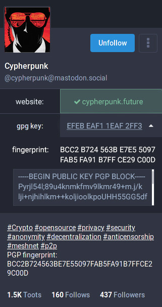 Mastodon profile with the publick key dropdown expanded showing fingerprint and full pubkey for copying