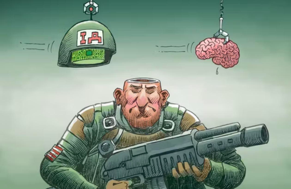 Dessin d’un soldat lourdement armé et à l’air hostile qui se fait retirer le cerveau par une machine afin de le remplacer par un casque complexe sur lequel apparaît l’étiquette « IA »
