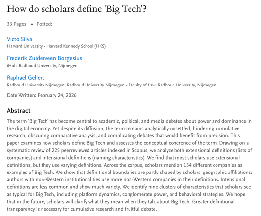 Screenshot of the abstract. It says:

'The term 'Big Tech' has become central to academic, political, and media debates about power and dominance in the digital economy. Yet despite its diffusion, the term remains analytically unsettled, hindering cumulative research, obscuring comparative analysis, and complicating debates that would benefit from precision. This paper examines how scholars define Big Tech and assesses the conceptual coherence of the term. Drawing on a systematic review of 225 peer-reviewed articles indexed in Scopus, we analyze both extensional definitions (lists of companies) and intensional definitions (naming characteristics). We find that most scholars use extensional definitions, but they use varying definitions. Across the corpus, scholars mention 134 different companies as examples of Big Tech. We show that definitional boundaries are partly shaped by scholars' geographic affiliations: authors with non-Western institutional ties use more non-Western companies in their definitions. Intensional definitions are less common and show much variety. We identify nine clusters of characteristics that scholars see as typical for Big Tech, including platform dynamics, conglomerate power, and behavioral strategies. We hope that in the future, scholars will clarify what they mean when they talk about Big Tech. Greater definitional transparency is necessary for cumulative research and fruitful debate.'