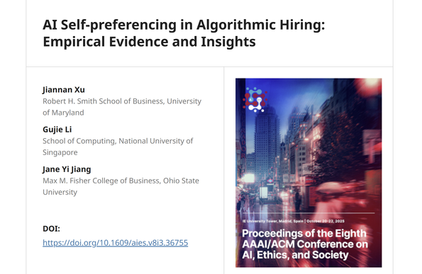 screen shot of the journal title & authors. AI Self-preferencing in Algorithmic Hiring