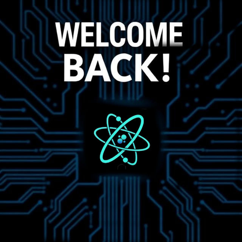 A technical digital poster titled "WELCOME BACK!" in bold white letters. The background is a moody navy dark circuit board with glowing cyan lines. In the center, a cyan Atom logo sits inside a dark, softly glowing portal, representing the successful restoration and self-hosting of the user's Fediverse instance.