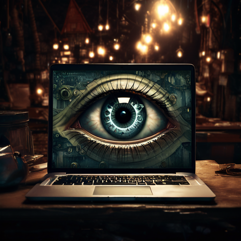 Um laptop aberto e na tela há um olho gigante que simboliza como as tecnologias digitais atuais tem invadido nossa privacidade.